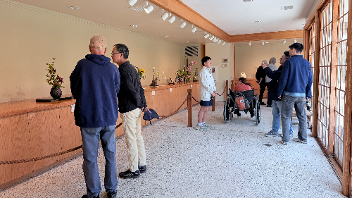 Guests pausing to take in an arrangement at the Ikebana exhibition